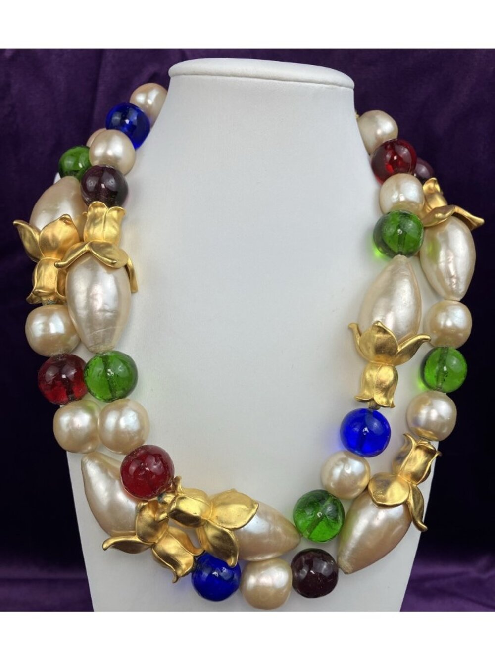 Vintage 80s Karl Lagerfeld HUGE Gripoix Faux Pearl Floral Bud Necklace Baroque